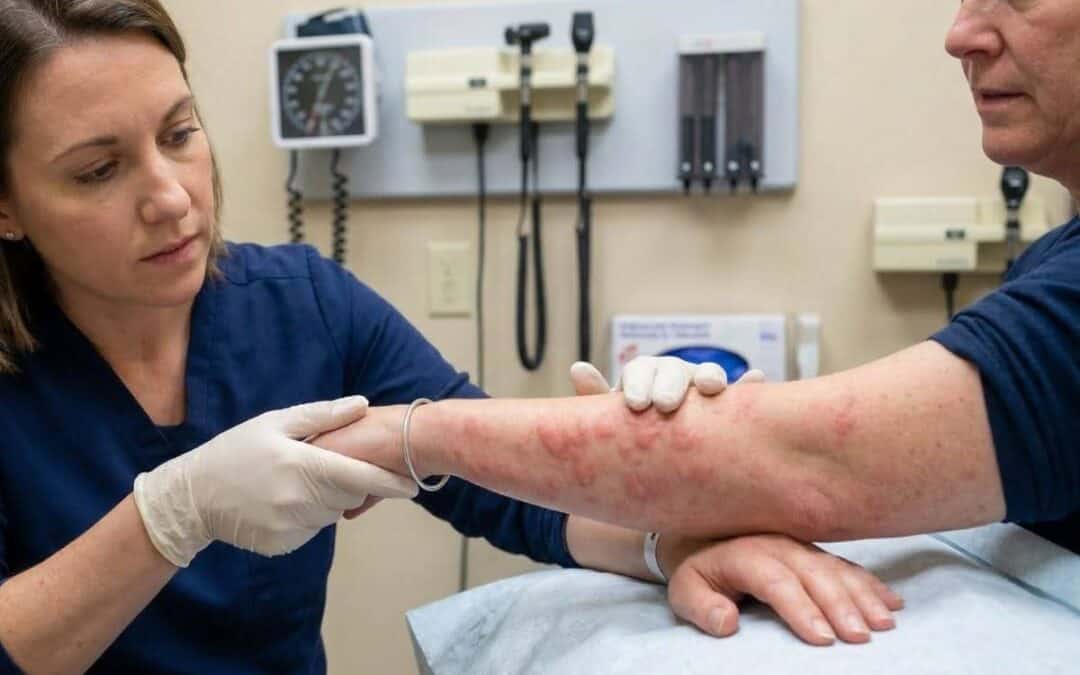 A medical professional at MEDIQ Urgent Care examining a patient’s skin rash in a clinical setting.